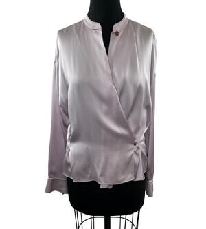 VINCE Satin Wrap Blouse Top Pink Mandarin Collar Long Sleeve Button Cuffs Size ?